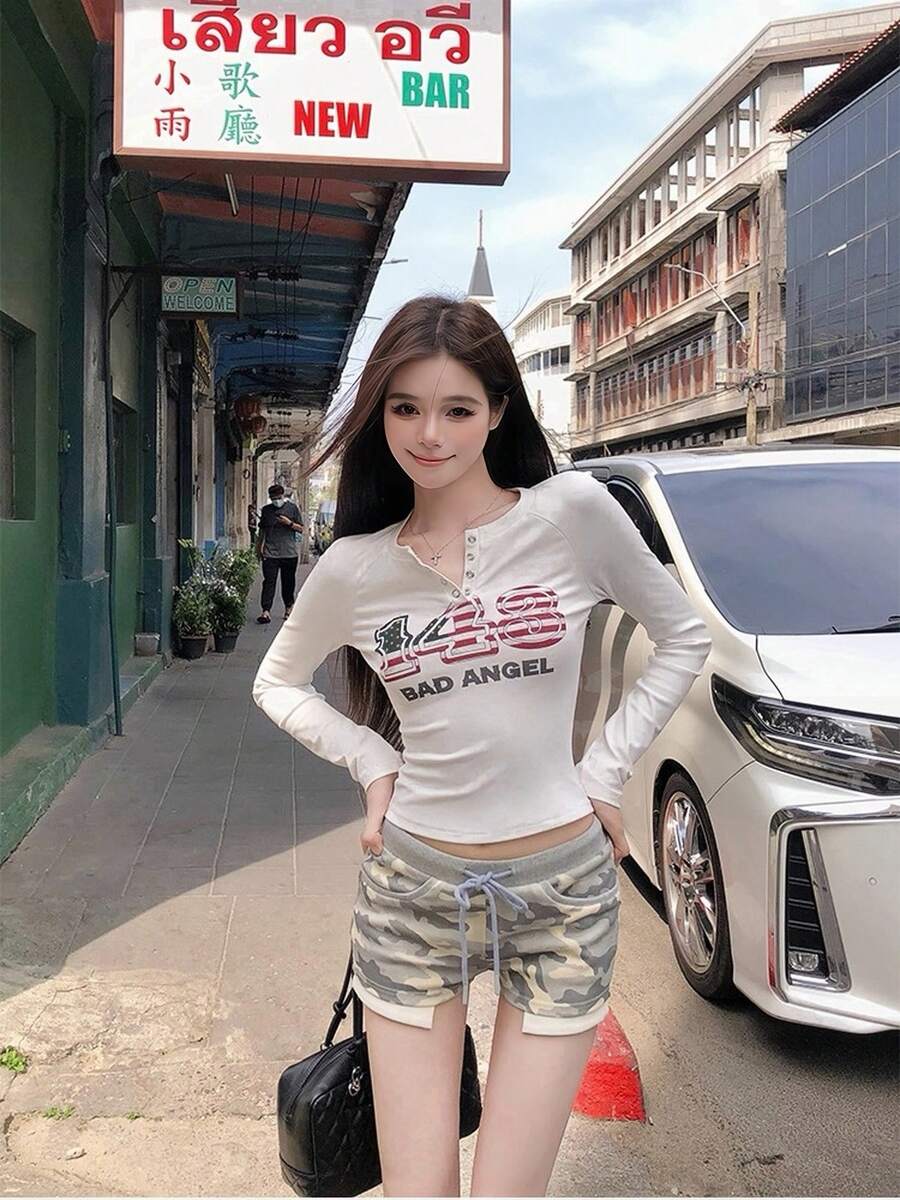 American Sexy Lady Raglan Long Sleeve T-Shirt, Distinctive Sexy Slim Fit Women Top, Early Spring White - White - View 1