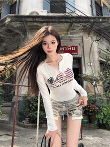American Sexy Lady Raglan Long Sleeve T-Shirt, Distinctive Sexy Slim Fit Women Top, Early Spring White - White - View 3