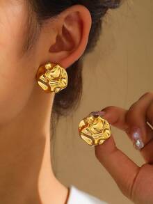 不锈钢不规则圆形耳环，独特设计，凹凸纹理元素，现代奢华风格，金色，女士日常通勤、派对、生日礼物 - 耳環 - 查看 1