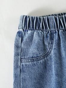 2件套：少女休闲舒适珍珠蝴蝶结印花圆领T恤和宽松复古蝴蝶结做旧蓝色牛仔裤，夏季 - 彩色 - 查看 4