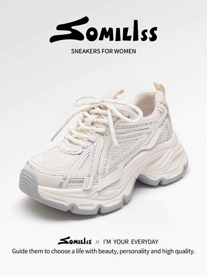 somiliss 2026 New Women's Casual Sports Shoes, Front Lace-Up Leather & Fabric Patchwork, Comfortable Soft Chunky Chunky Sneakers, 6cm Platform, Low-Top Outdoor Walking Shoes, Milky White