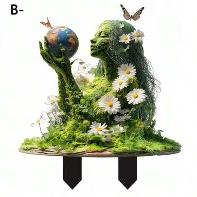 Fairy Tale Flower Crown Girl Acrylic Flower Pot Stand, Wooden Garden Stake Yard Decor