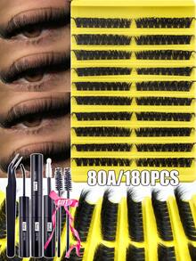 180/160pcs Cluster False Eyelashes Set, Includes Glue, Sealer, Tweezers, Lash Brush, Mixed Style Lash Book, Easy To Use, Travel Friendly, Soft & Natural Lash Extension Kit, Beginner Friendly, High Volume Fluffy Classic Lash Set, DIY At Home, Thick Fake Lashes For Professional, Daily, Wedding, Party, Costume Makeup - Multicolor - View 3