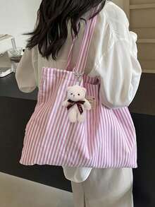 复古条纹帆布手提包，女士大容量条纹帆布手提包 - 时尚单肩包，适合旅行和购物，亮丽的红白条纹，容量大，用途广泛，可手洗 - 无扣，日常手提包，休闲日常手提包 - 彩色 - 查看 8