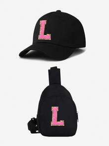 2pcs Kids Black & Pink Letter Baseball Cap Set, 26 Letters Customizable, Fashion Minimalist Sun Hat, Compact & Portable, Suitable For Boys & Girls Outdoor, Spring/Summer - Black - View 29