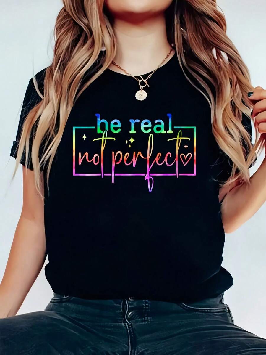 Womens Be Real Not Perfect Tie Dye Positive Quote Funny Men Women O-K T-Shirt Print Cotton T-Shirt For Summer, Women's Soft Short Sve Top, Stylish Comfy Tee For Women Graphic Tees - 黑色 - 查看 1