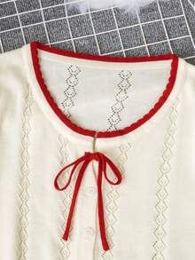 Women's Spring/Summer Korean Style Knit Cardigan | Lightweight Open Front Sweater With Color-Contrasting Drawstring Details, Soft & Comfortable Openwork Knit Fabric Creates A Relaxed, Sweet Style - Apricot - View 6