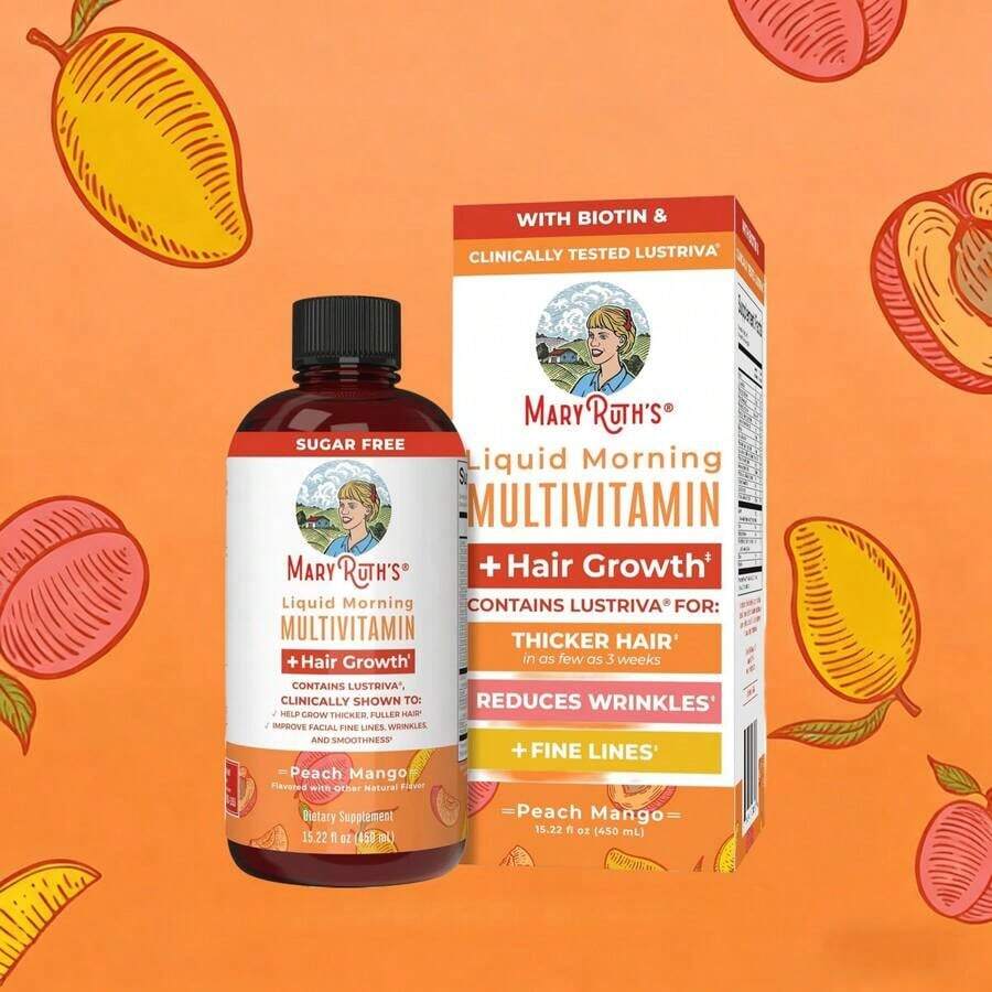 Mary-Ruth's Liquid Multivitamin + Hair Growth - Clinically Tested For Thicker Hair In Women - Improve Facial Wrinkles - Vegan - 15.22 Fl Oz - 桃芒果口味 - 查看 1