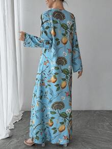 1pc Women's V-Neck Long Sleeve Casual Elegant Ditsy Floral Dress, Suitable For Parties, Galas, Holidays, Mother's Day And Other Occasions, Great Gift For Mom, Daughter, Friends - Baby Blue - View 2