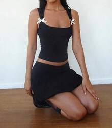Women Y2k Bow Tank Top Sleeveless Scoop Neck Crop Tops Aesthetic Bow Cami Shirts Preppy Clothes Summer Going Out - 黑色 - 查看 4