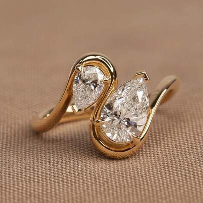 Elegant Water Drop Dual-Tone Cubic Zirconia 18K Gold Plated Luxury Wedding Ring For Women