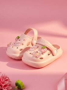 HAHABOBO 女童卡通兔子草莓蝴蝶EVA厚底洞洞鞋涼鞋，輕量穿脫式可調式綁帶拖鞋，四季適用海灘室內度假禮物鞋 - 粉色 - 查看 3