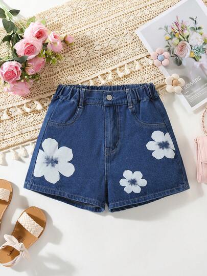 1pc Girls' Refreshing Floral Print Casual Outdoor Denim Shorts, Comfortable Daily Vintage Blue Simple Fashionable