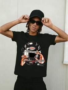 男士极简头盔图案印花圆领短袖T恤，夏季 - 黑色 - 查看 1