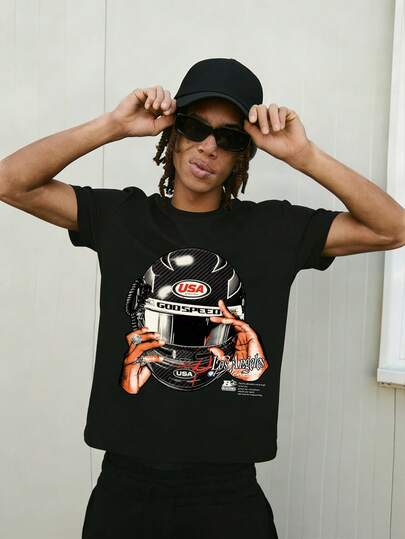 Men's Minimalist Helmet Graphic Print Round Neck Short Sleeve T-Shirt, Summer