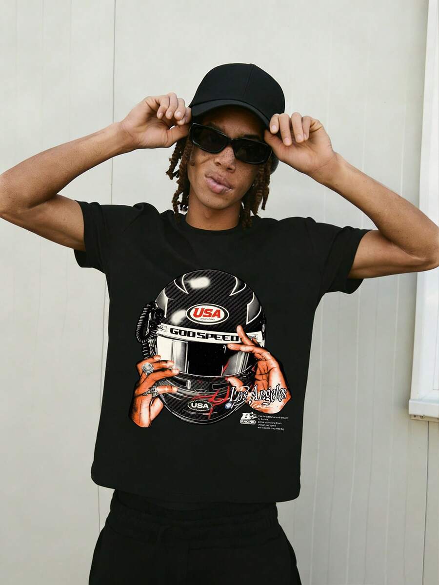 男士极简头盔图案印花圆领短袖T恤，夏季 - 黑色 - 查看 1