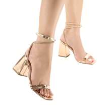 Sandália Metalizada com Detalhe em Strass Salto Bloco 9CM  Casual  Festa  elegante  Festa  Sexy  Casamento  Negócios  básico  Elegante  Neutro    Fivela  Strass    Casamento  Festa  Escritório  Casa  Ar livre - Metalizado Rose - Visão 4