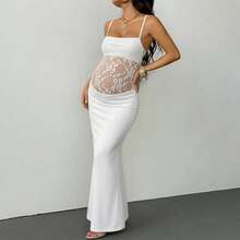 Abito da donna incinta in pizzo bianco con spalline a spaghetti, stile sirena, abito da maternità per servizio fotografico, con pancia scoperta, adatto per gravidanza di media-tarda fase, primavera - Bianco - Visualizzare 7