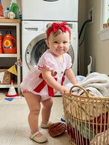 Baby Girls 2Pcs Summer Set Striped Short Sleeve Round Neck Baseball Embroidery Romper  Bow Headband - Rosa - Ver 4