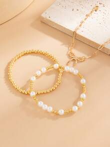 3pcs/Set Geometric Chain Bow Pendant Charm Beaded Bracelet Set, Luxurious & Elegant, Suitable For Wedding, Party, Vacation, Casual Wear, Street Style, Women & Couples, Birthday & Holiday Gift - Bracelet - View 6