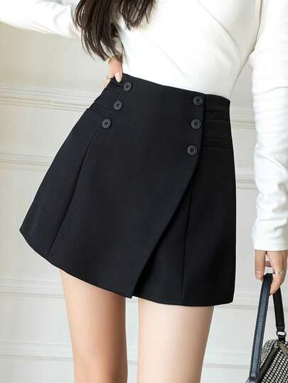 1 Peça Conjunto de Saia Evasê com Botões e Calça Casual de Perna Larga de Cintura Alta para Mulheres