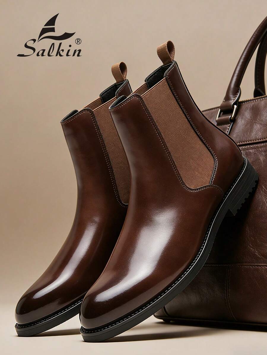 Salkin Vintage Designer Men's Chelsea Boots, Pull-On Style, Pointed Toe Design, Luxury Mid-Calf Ankle Boots, Men's Soft Genuine Leather Boots, Gentleman Business Formal Shoes, Casual Office Party Shoes, Couple's Romantic Dinner Date Gift, Back To School Student Shoes, Collegiate Style, Suggest Sizing Up One Size - Brown - View 1
