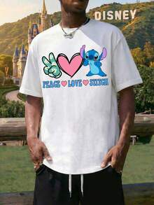 This 2-Piece Men's White Crew Neck Short-Sleeved T-Shirt And Drawstring Shorts Set Features A Disney "Keep The Love Stitch" Lettering And Lilo & Stitch Graphic Print. This Breathable And Comfortable Summer Casual Set Makes A Great Gift For Men. - White + Black - View 1