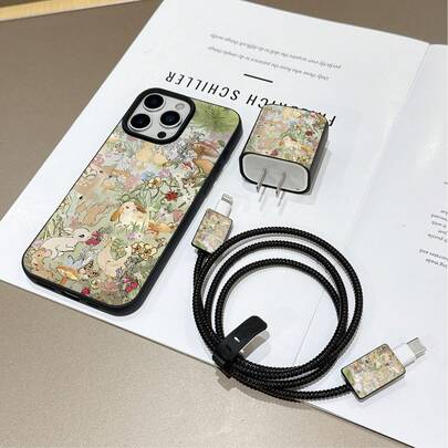 A Five-Piece Set Including A Charger Case With A Rabbit, Flower, And Reindeer Pattern, A Charging Cable Protector, A Silicone Cable Organizer, And A Charging Cable Winding Strap. Features Patterned TPU Soft Case, Full Protection, Drop-Resistant Transparent Charger, And Transparent TPU Phone Case.
