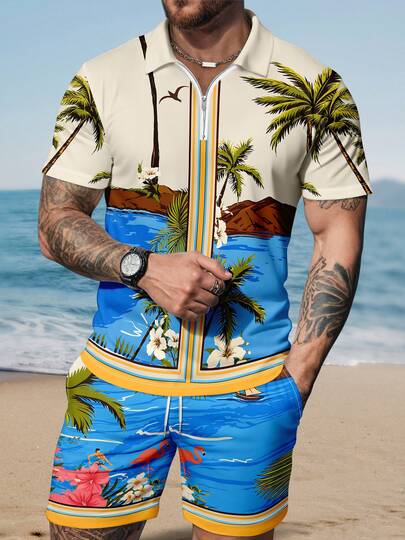 男士度假风短袖Polo衫和休闲短裤套装