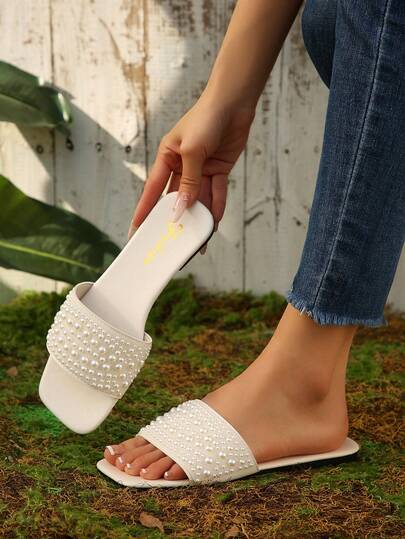 Elegant Solid Color Luxury Non-Slip Outdoor Resort Beach Comfortable Versatile Rhinestone Pearl Flat Mule Open Toe Slippers, Size 41-42-43, Daily Wear, Korean French Style Plus Size Women