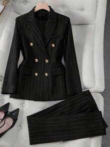 HOMEYEE Striped Suit Set, Double-Breasted Casual Business Suit Jacket And Trousers, Slim Fit Pants, Versatile Style Suitable For Various Occasions, Business And Vacation - 黑色 - 查看 1