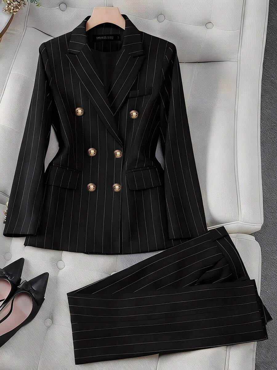 HOMEYEE Striped Suit Set, Double-Breasted Casual Business Suit Jacket And Trousers, Slim Fit Pants, Versatile Style Suitable For Various Occasions, Business And Vacation - 黑色 - 查看 1
