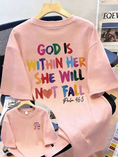 Women's Casual Colorful Printed Crew Neck Short Sleeve T-Shirt, Pink Printed T-Shirt "GOD IS WITHIN HER SHE WILL NOT FALL" Suitable For Daily Wear, Going Out, Party, School, Attending Music Festivals, Vacation, Commuting. Can Be Given As A Gift To Family, Boyfriend,Girlfriend, Friends,Girls Summer Clothes