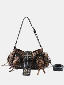 New Retro Chic Leopard Print Underarm Bag, High-End Y2K Punk Rivet Motorcycle Commuter Versatile Shoulder Handbag - Multicolor - View 1