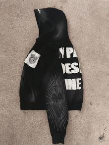 Zipper Hoodie With Patch Pattern And Wing | Street Hooded Sweatshirt, Casual Couple Outfit, Fashion Urban Style, Distressed Design Long Sleeve Jacket, Hip Hop Clothing, Suitable For Daily Wear, Autumn Winter Top - 黑色 - 查看 4