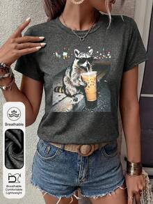Women's Daily Fun Raccoon Drinking Iced Coffee Graphic Crew Neck Short Sleeves Casual Summer Women's Tops ,Animal Emojis Graphic Women's Dark Gray T-Shirt - Dark Grey - View 5