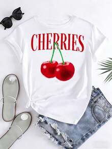 Camia Blanca Casual con Estampado de Cerezas para Mujer, Top de Verano Casual, Camia con Gráfico de Frutas, Camia de Moda, Estilo Fashion - Blanco - Ver 2