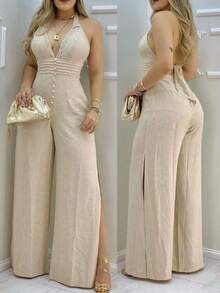 Urban, Feminine, Minimal, Elegant, Sophisticated, Sleek, Tailored. Spring Summer Fall. Event, Office.  Wide Leg Jumpsuit Beach Fashion Romper - 米色 - 查看 1