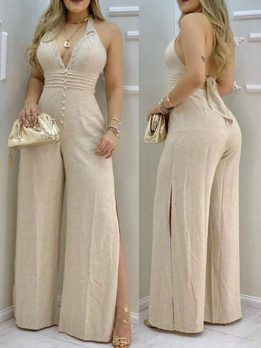 Urban, Feminine, Minimal, Elegant, Sophisticated, Sleek, Tailored. Spring Summer Fall. Event, Office.  Wide Leg Jumpsuit Beach Fashion Romper - 米色 - 查看 1