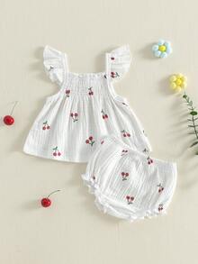 Conjunto de 2 Piezas para Niña Pequeña, Top con Cuello Cuadrado, Mangas Volantes y Estampado de Cerezas + Shorts - Blanco - Ver 6