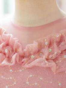 少女圆领蕾丝亮片薄纱优雅奢华钢琴演奏会拖尾礼服，适合婚礼、生日派对、时装秀等场合，不含头饰 - 藕粉色 - 查看 8
