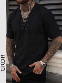 Camiseta casual de lino con cuello en V y hombros caídos para hombres GRDR | Diseño exquisito | Esencial de verano | Fácil de combinar, muestra tu estilo - Negro - Ver 1