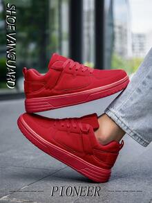 Men's Solid Red Leather Patchwork Sneakers, Classic Lace-Up Retro Casual Walking Commuting Flat Shoes - Red - View 6