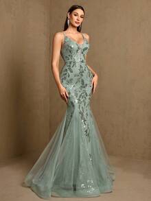 Elegant V-Neck Spaghetti Strap Sequin Mesh Mermaid Green Bridesmaid Dress, Shiny Party Dress, Suitable For Weddings, Birthdays, Formal Events Spring - Mint Green - View 8