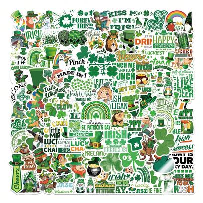 100pcs St. Patrick'S Day Green Four-Leaf Clover Retro Aesthetics Fantasy Sun Ins Y2K Downtown Aesthetic Stickers Gifts Humorous And Funny Stickers 80S 90s Anime Stickers For Scrapbook Supplies Envelope, Water Bottle, Computer, Laptop, Phone, Luggage, Notebook, Fridge,Festival Party,Christmas Decoration New Year Winter