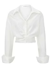 ARA CHIC Women's Minimalist White Short Button-Up Shirt, Elastic Ruched Back Waist Long Sleeve Top, Casual Commute Outfit - White - View 6