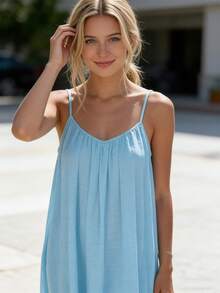Women's Sexy Backless Solid Color Spaghetti Strap Maxi Dress, Loose Sleeveless Empire Style Dress, 2026 Summer New Arrival - 淺藍 - 查看 4