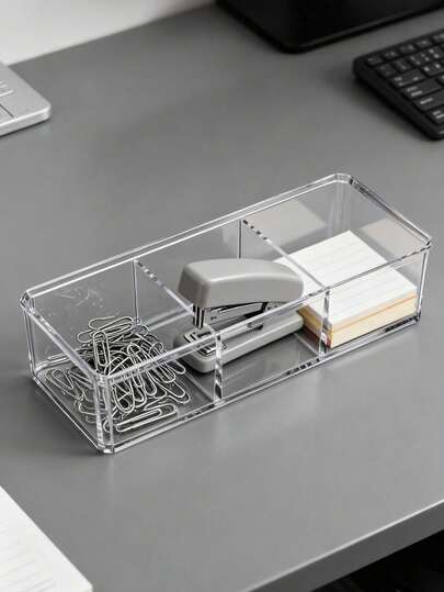 1pc Minimalist Japanese Style 3-Compartment Transparent Acrylic Desktop Organizer Box, Suitable For Tablets And Handicrafts, Rectangular Plastic Storage Box With Smooth Surface, Portable And Fashionable Design, Handicraft Storage