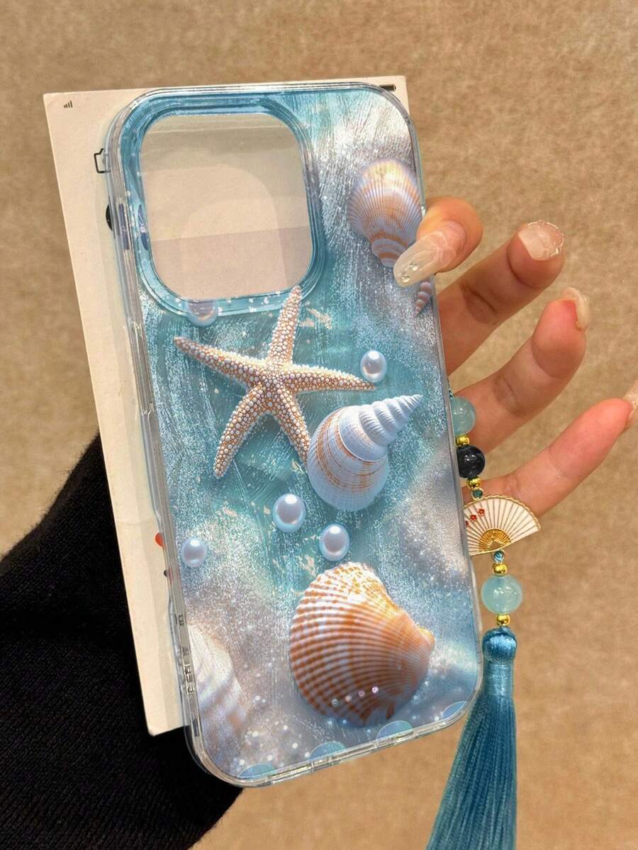 蓝色海星彩绘高端羽毛流苏吊坠简约时尚，兼容 17/17 Pro Max/15/16/16 Pro/15 Pro Max、P13/P14、P11 软壳、P12 防摔、XS/XR/7/8P/7/8GES2、A14/A15/S23U/A50/A12/A32/A52/A72/A51/A21S/A13/A14/S22 Ultra/S23/A33/A53/S20 FE 手机壳 - 彩色 - 查看 1