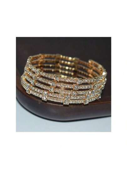 Multi-Layer Fashionable Rhinestone Wrapped Open Cuff Handmade Bracelet For Women